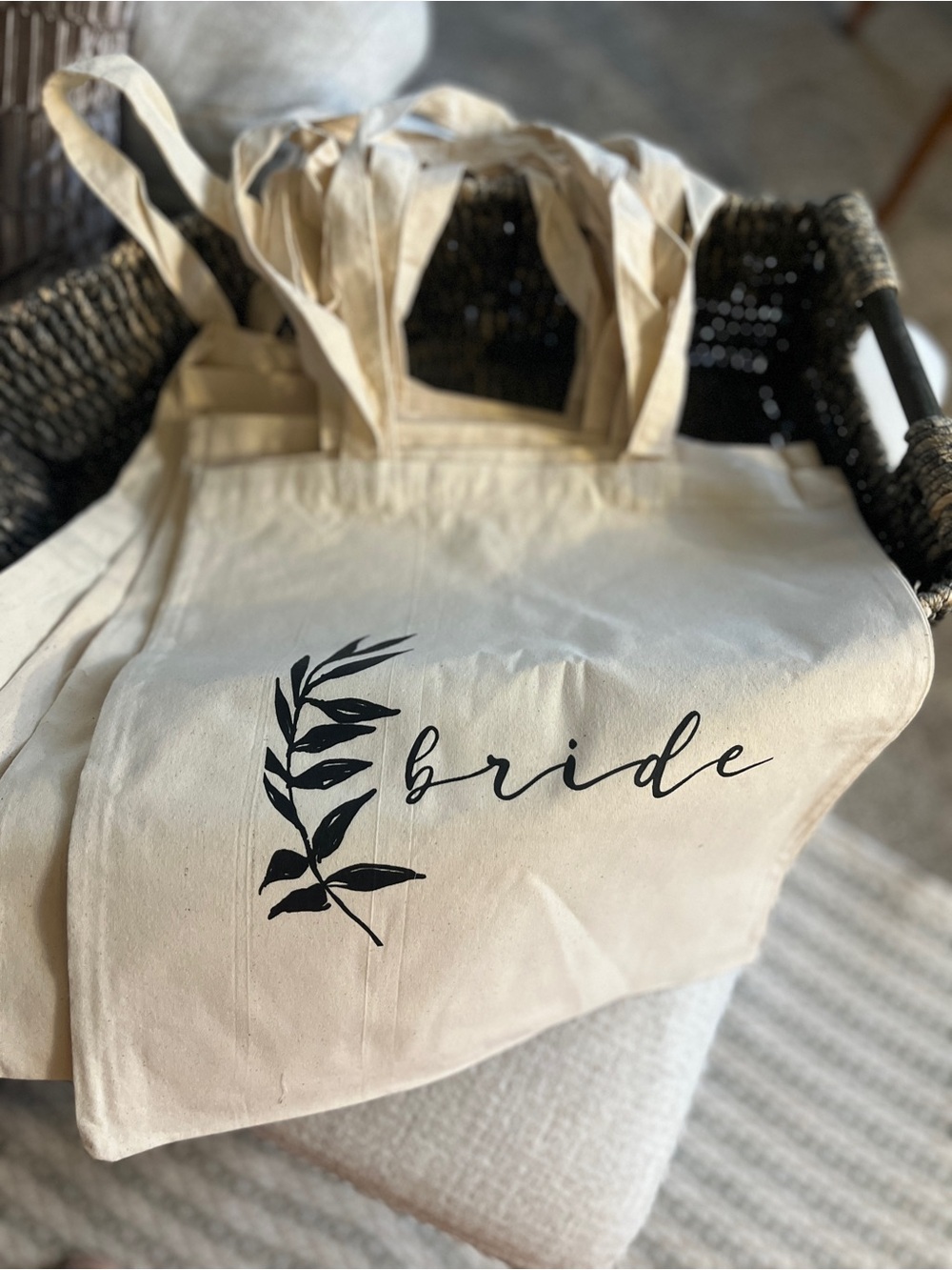 Bride Script Canvas Totes with Botanical Print (7 total)